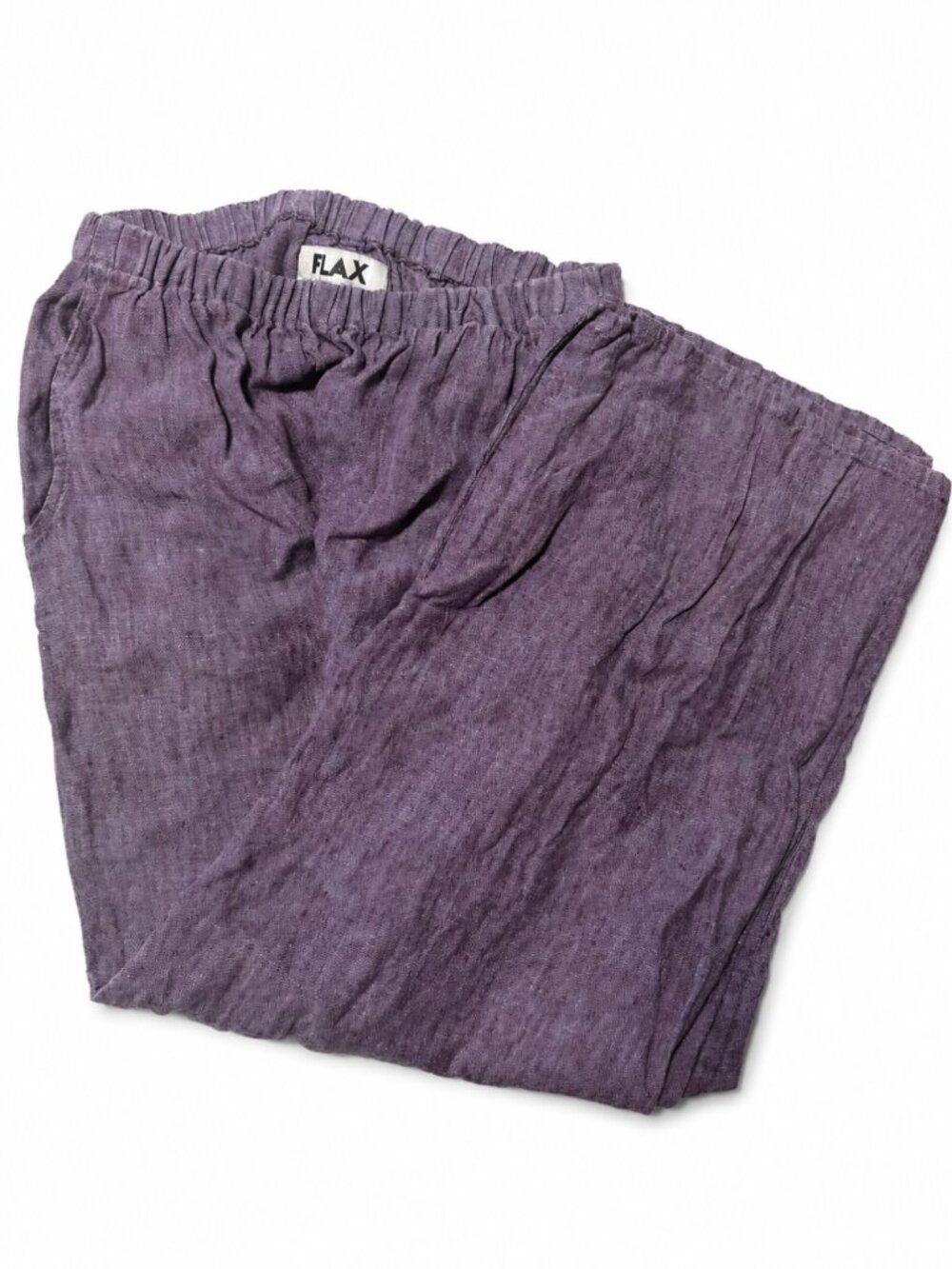 FLAX Linen Pull on Pants Purple Crossweave Petite XS Artsy Lagenlook Relaxed Fit